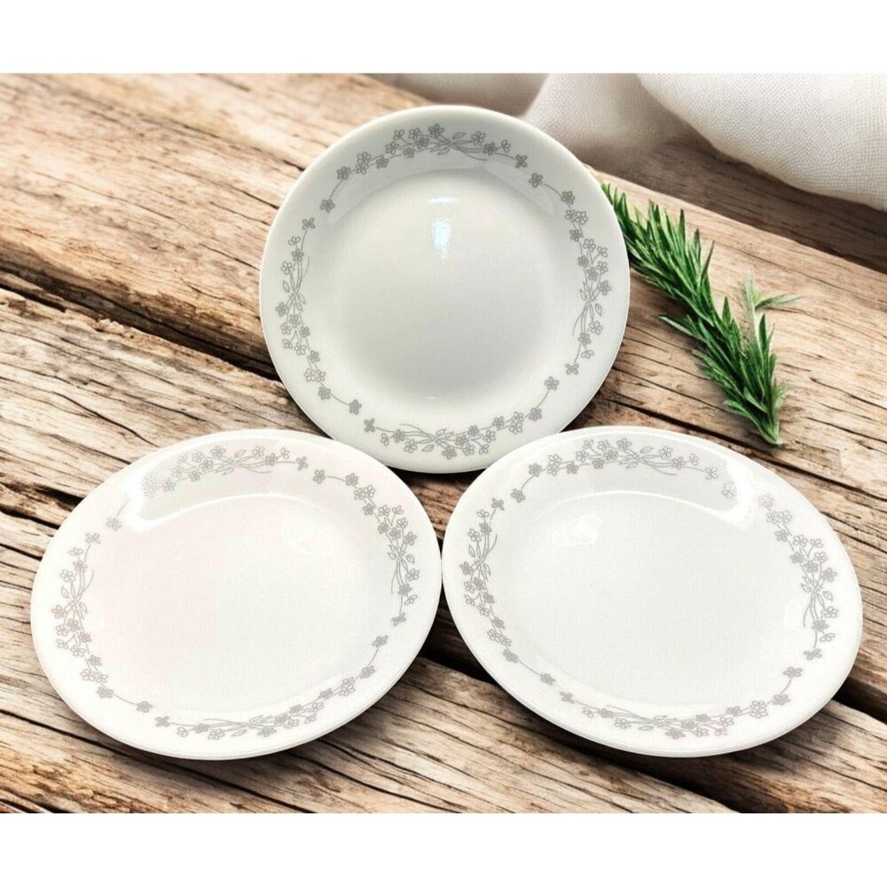 Vintage Corelle Ribbon Bouquet Bread Butter Plates Lot of 3 Dessert Gray Flowers
